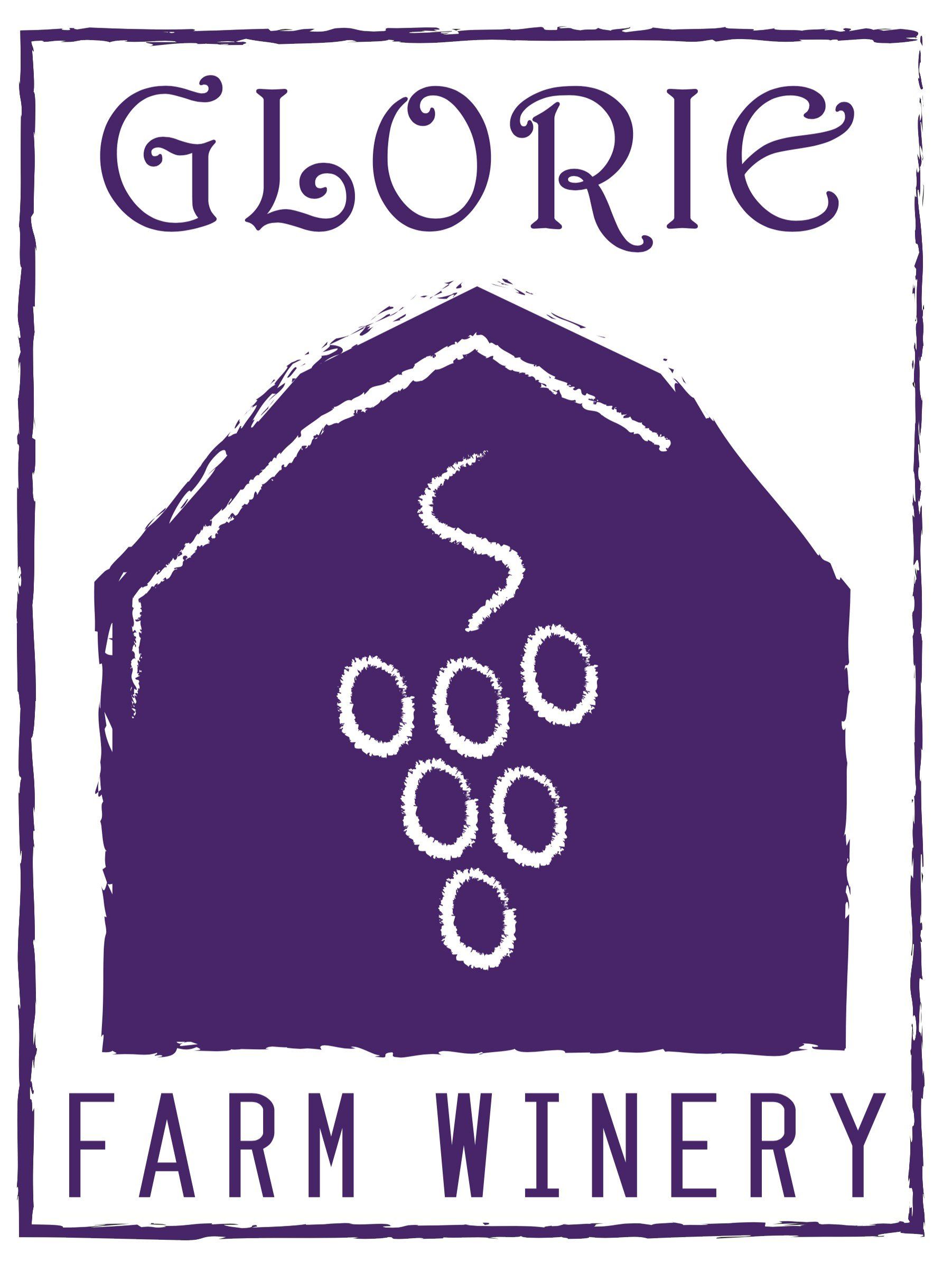 A purple logo for glorie farm winery with a bunch of grapes
