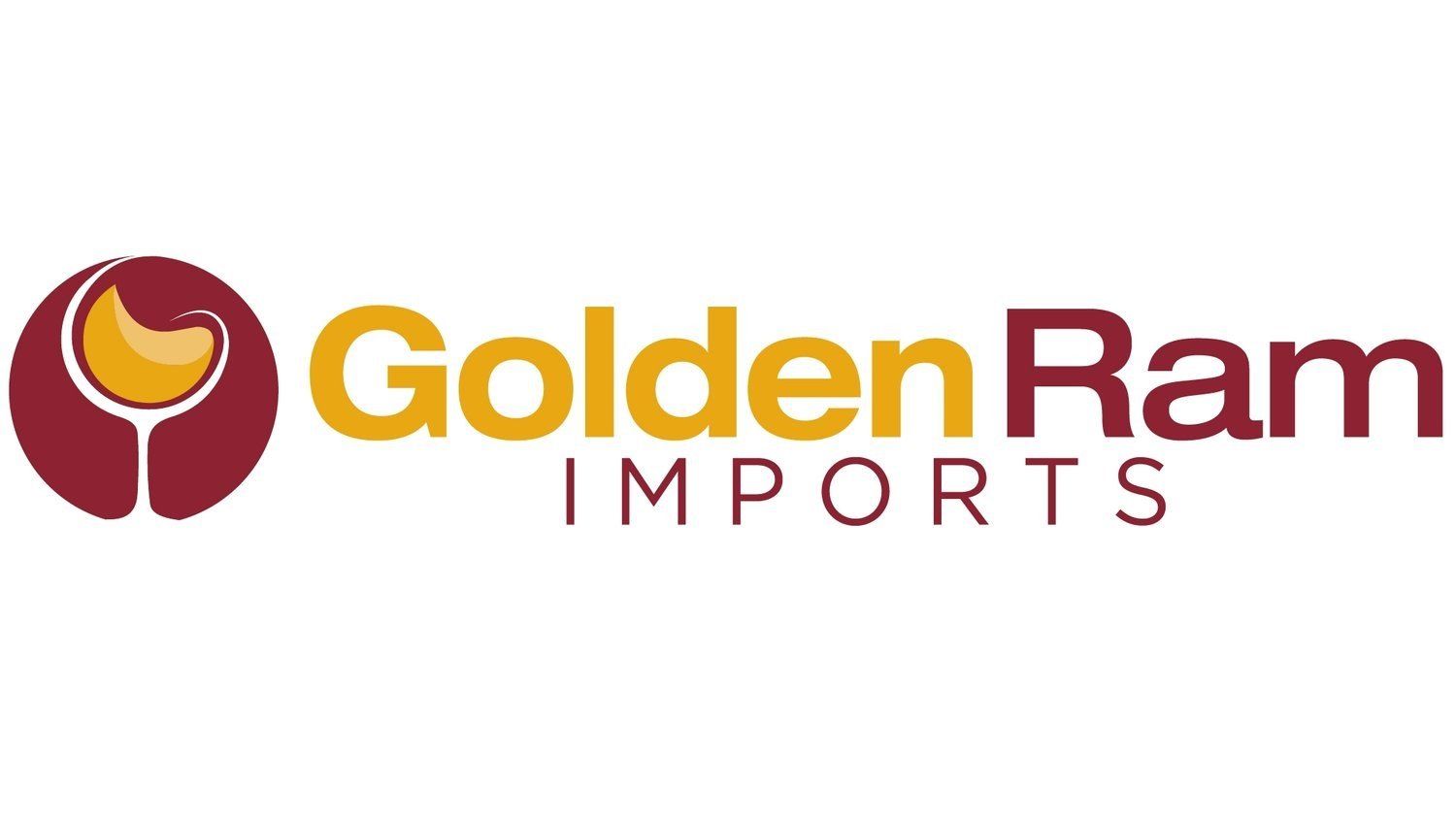 A logo for golden ram imports with a wine glass in the middle.
