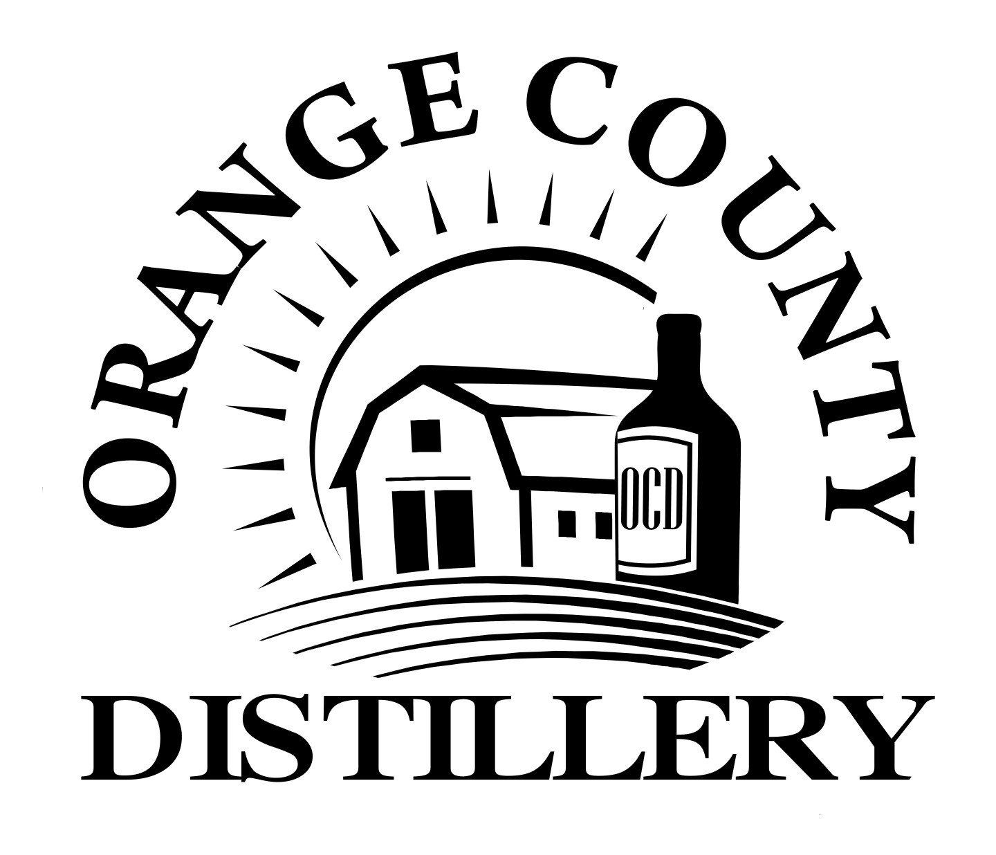 A black and white logo for orange county distillery.