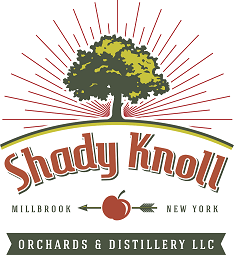 The logo for shady knoll orchards and distillery llc shows a tree and an apple.