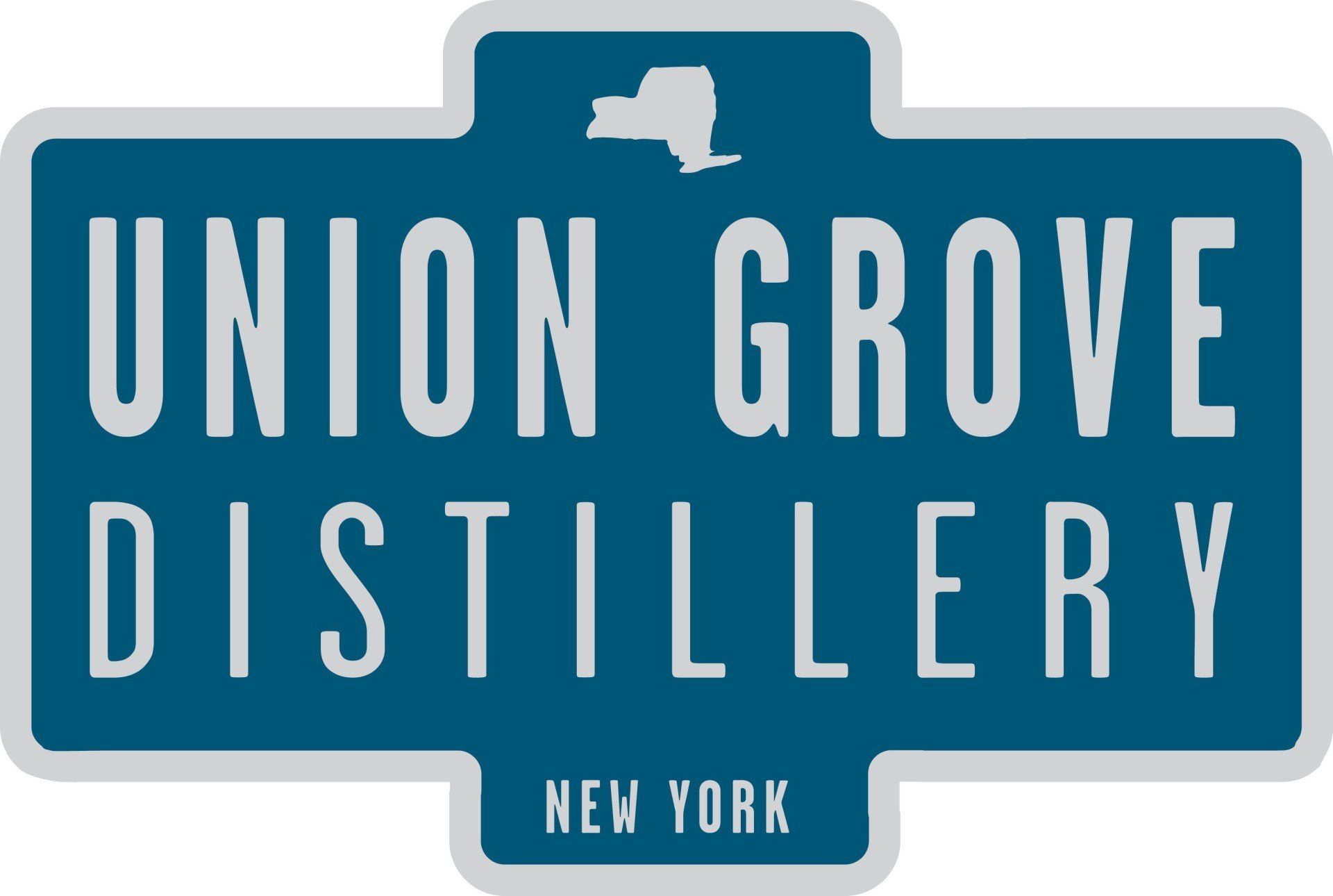 A blue sign that says union grove distillery new york
