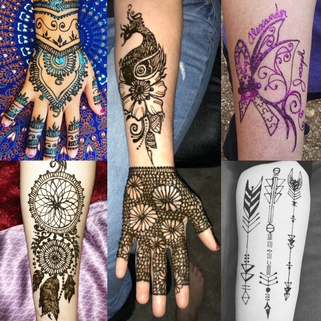 A collage of henna tattoos on a woman 's arm