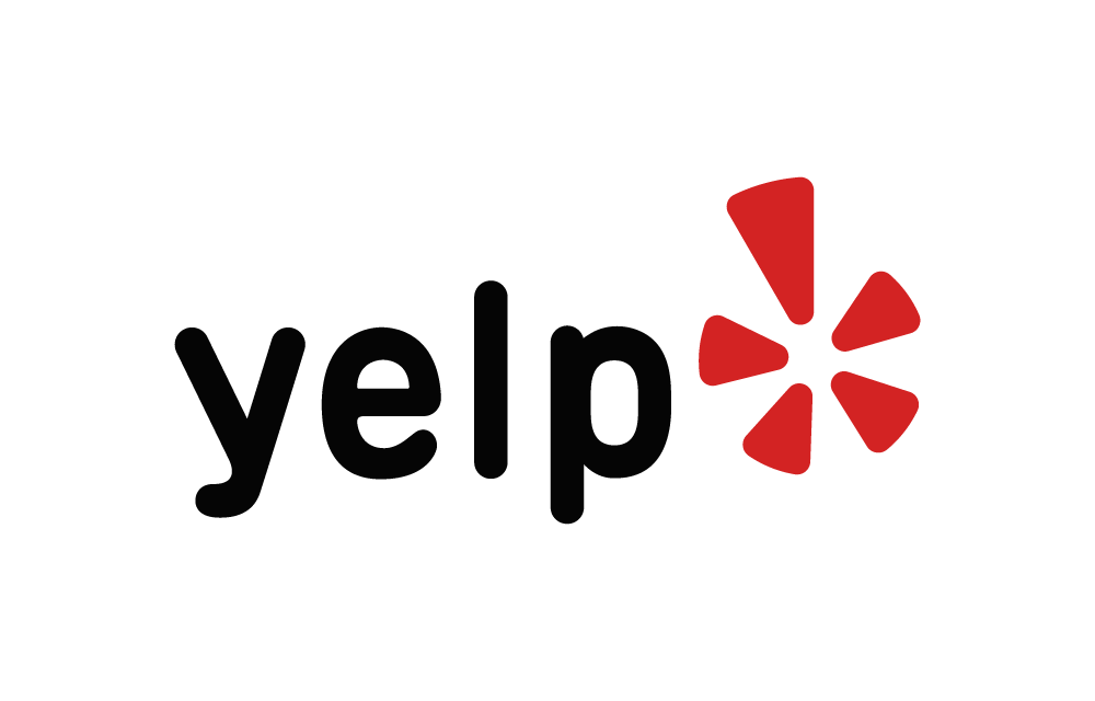 A yelp logo with a red star on a white background.
