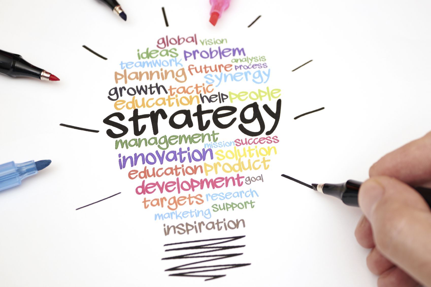 A person is writing the word strategy on a piece of paper.