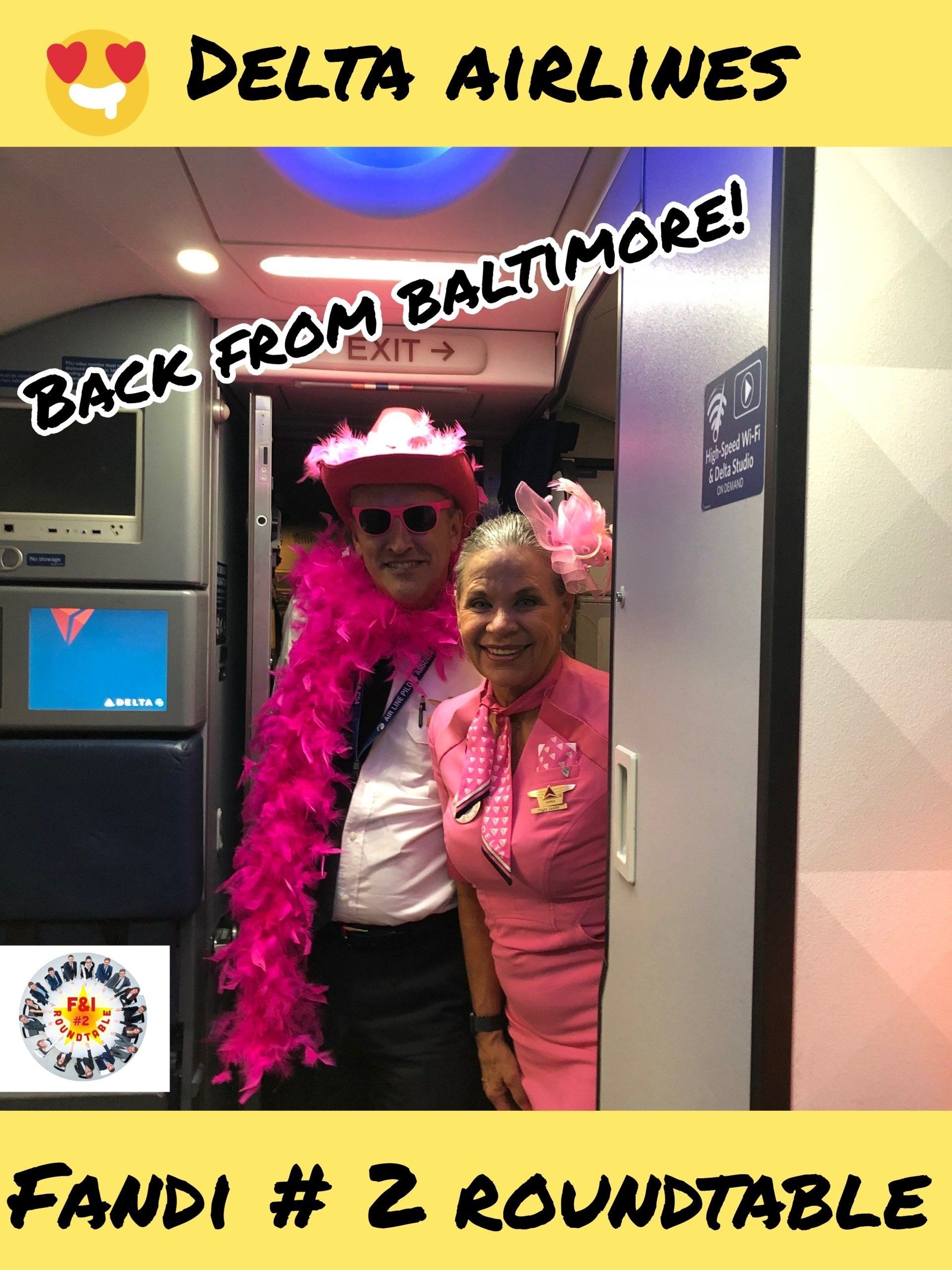 Two people in pink outfits on a Delta flight, one wearing a feather boa and hat. Text reads 