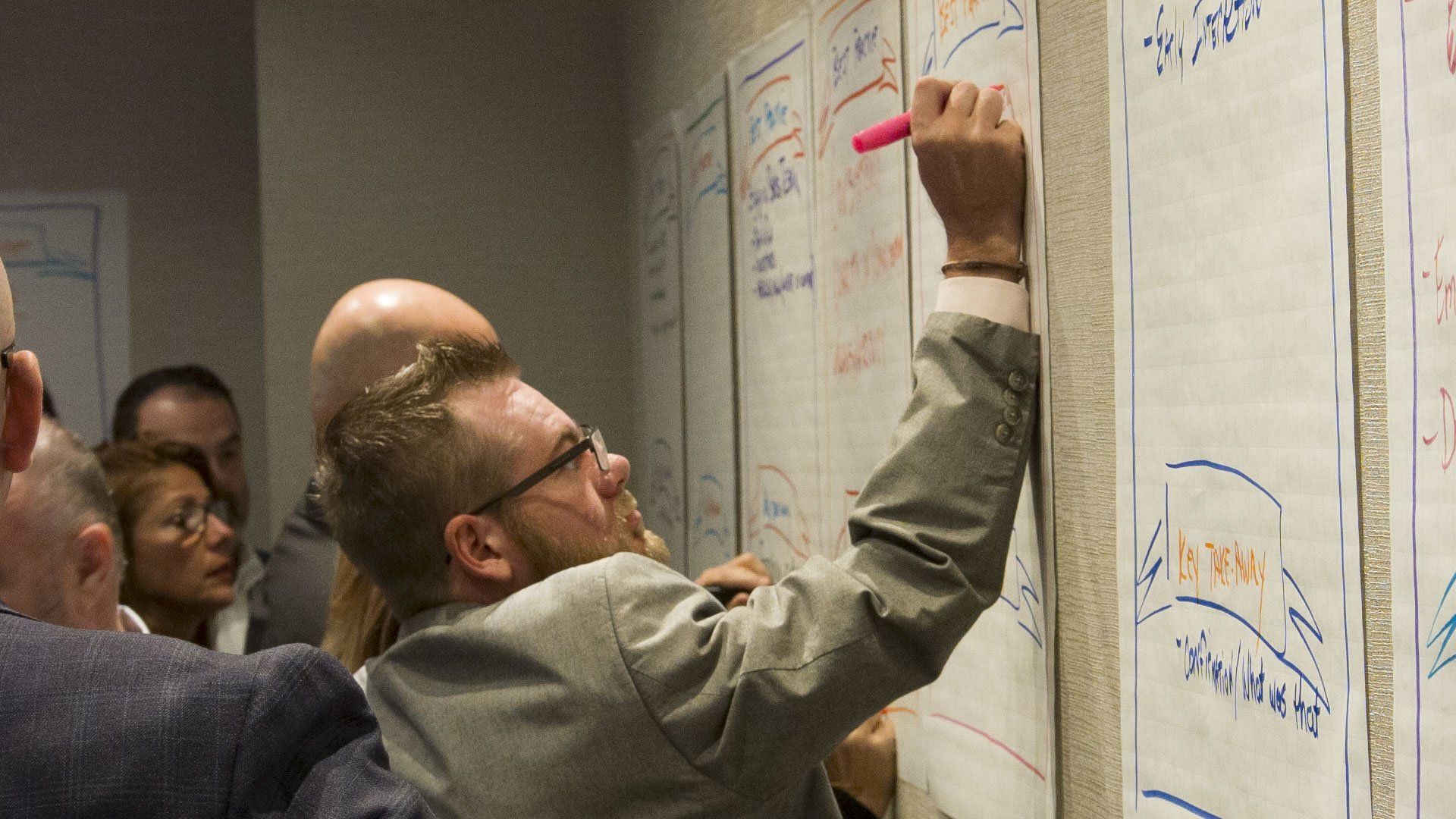 People writing on a wall of paper, one with a pink marker. Others observe in an office setting.
