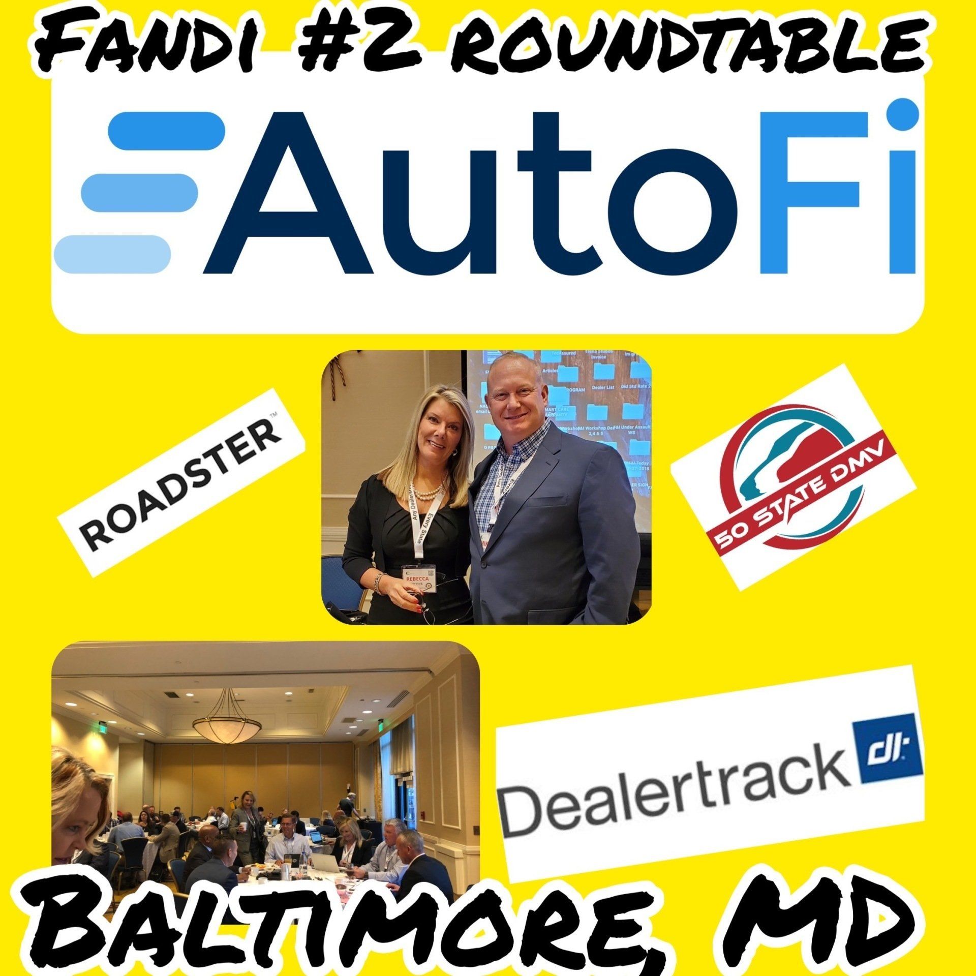 AutoFi roundtable event in Baltimore, MD. Logos for Roadster, SO State DMV, and Dealertrack are present.