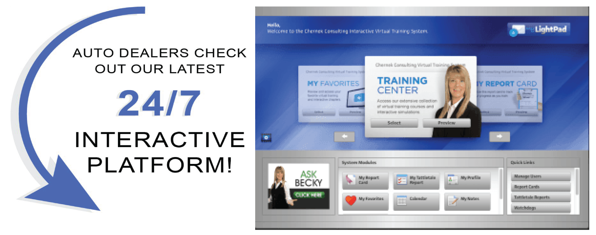 Advertisement for auto dealers highlighting a 24/7 interactive platform.
