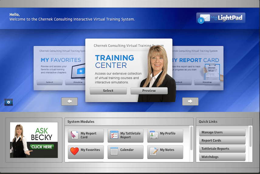 Welcome screen for a training system with a woman and several navigation buttons.