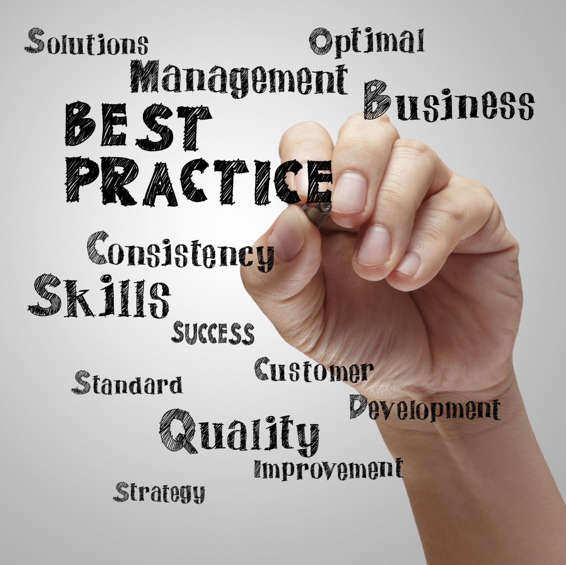 A hand is writing the word best practice with a marker