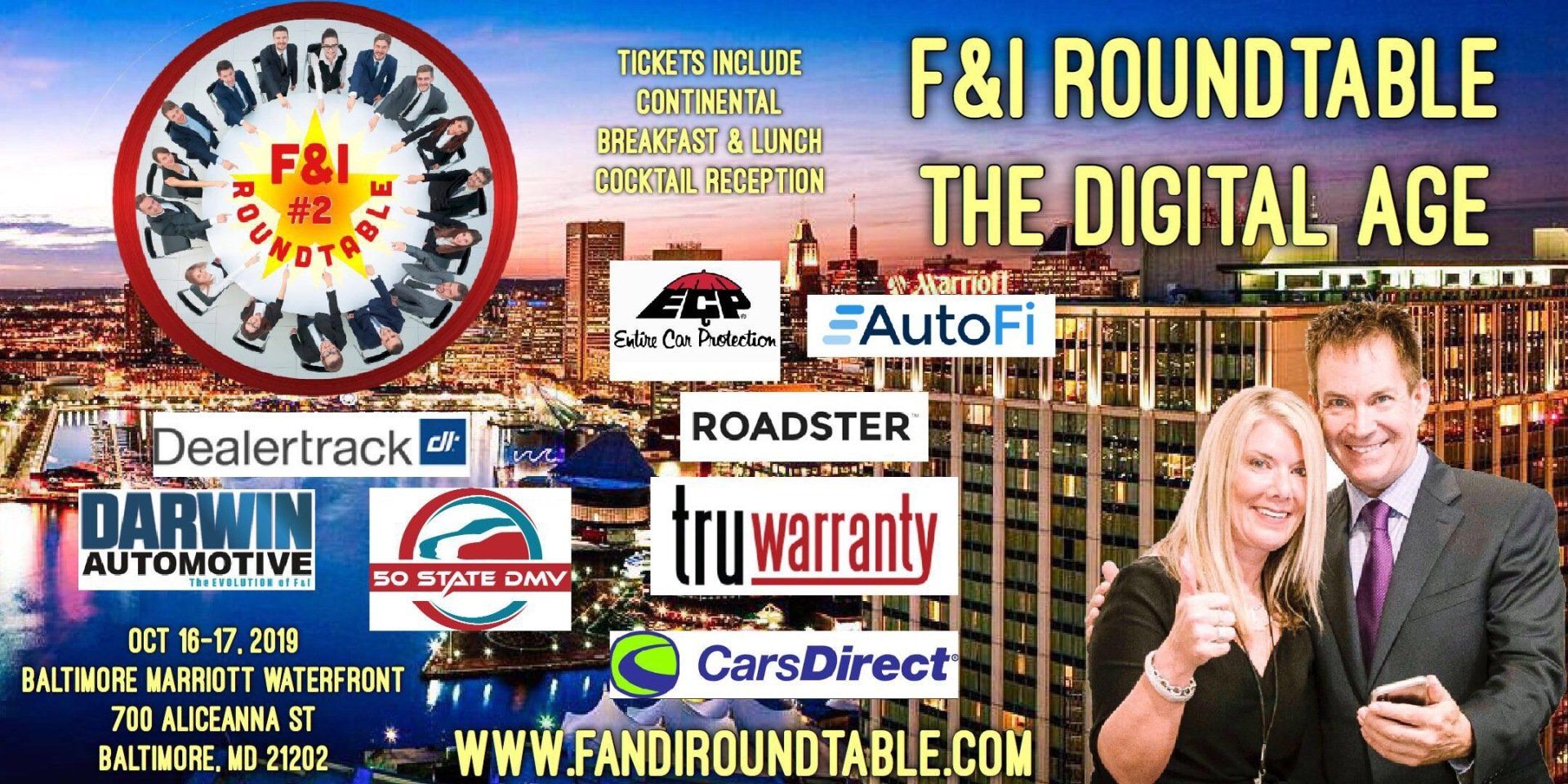 F&I Roundtable event poster in Baltimore. Logos, city skyline, and people smiling. Digital age theme.
