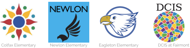 Four logos for different schools including newlon and dcis
