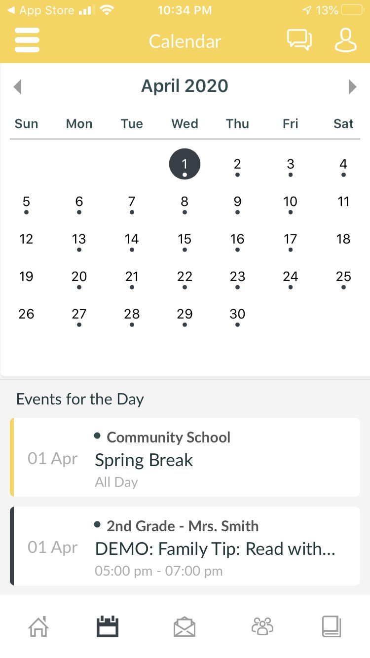 A screenshot of a calendar for april 2020 on a cell phone.