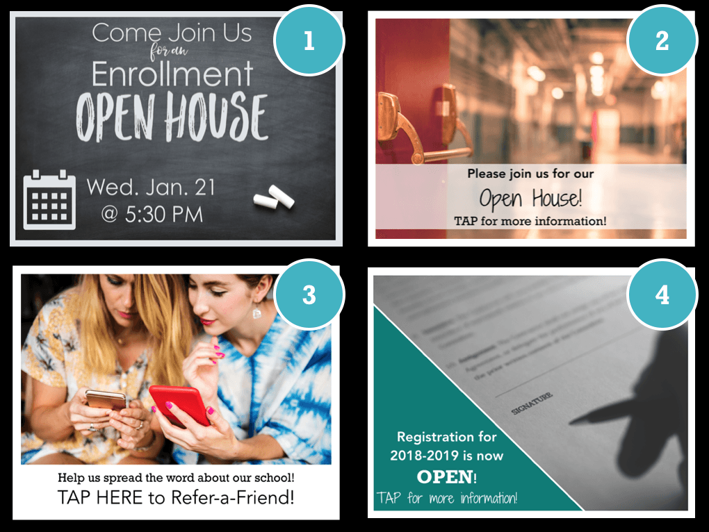 A collage of four advertisements for an open house