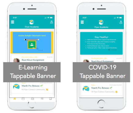 Two phones with e-learning and covid-19 tapable banners on them