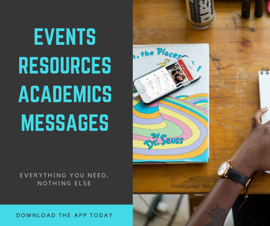 An advertisement for events resources academics messages shows a person sitting at a desk