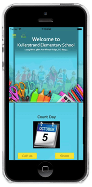 A cell phone is displaying a welcome to killerstrand elementary school app.