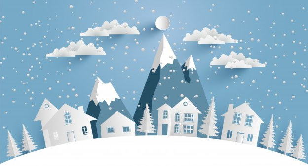 A paper cut illustration of a snowy village with mountains in the background.