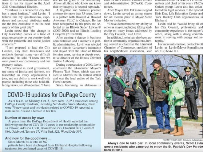 A newspaper article about covid-19 updates for dupage county