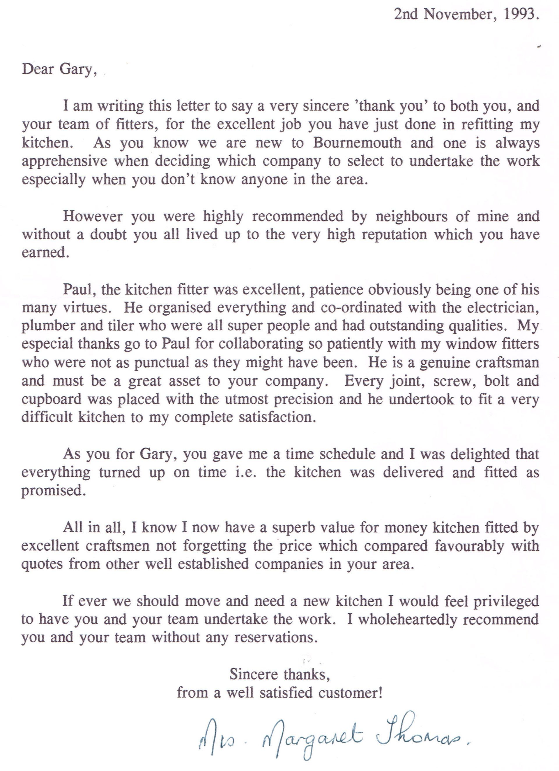 testimonial from Margaret Thomas in 1993