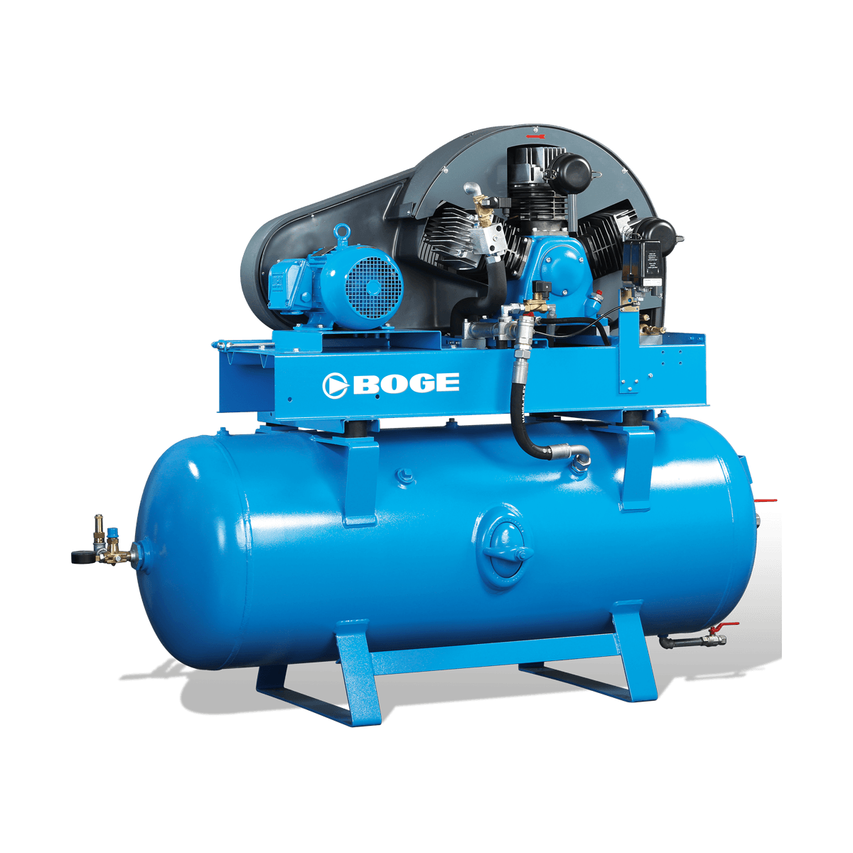 Un compressore d'aria blu è seduto sopra un serbatoio blu.