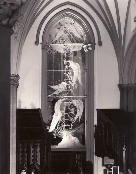 Jacob's Ladder 9 metre high Sandblasted Glass Panel by Sally Scott, Leeds Minster