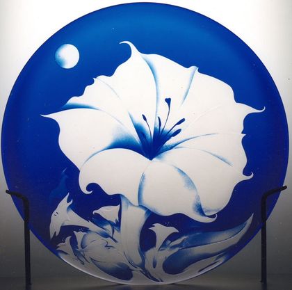 Moon Lily Sandblasted Blue Glass Disc by Sally Scott Moon Lily Sandblasted Blue Glass Disc by Sally Scott