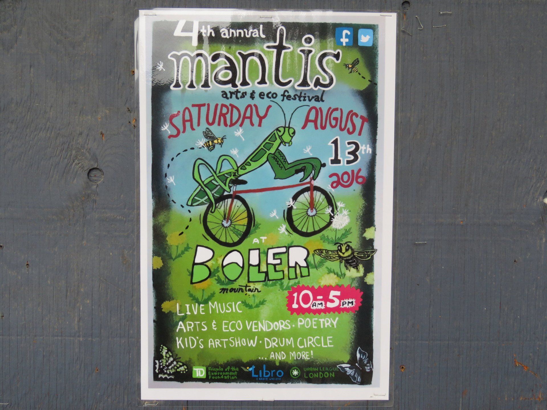 Poster for the 4th Annual Mantis Arts & Eco Festival, Saturday, August 13, 2016