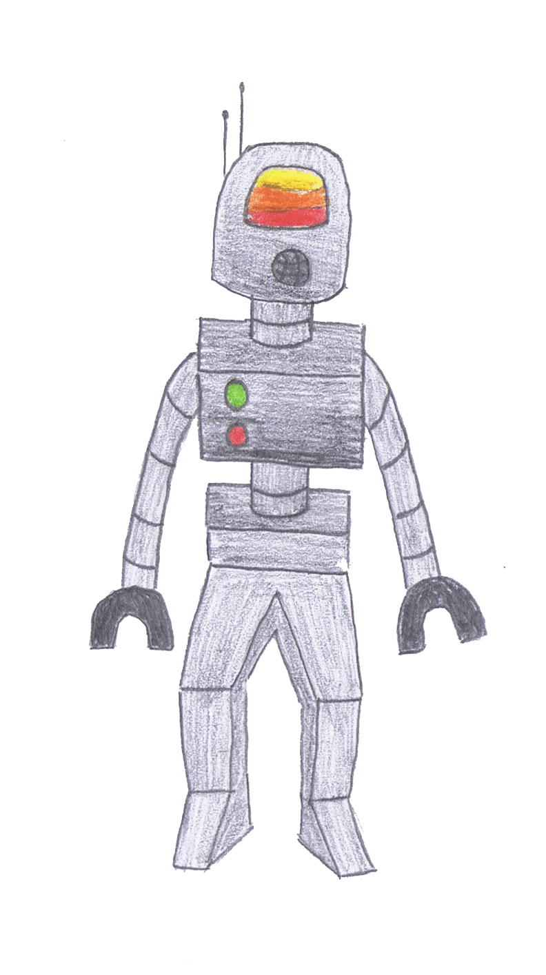 Robot with a rectangular head and torso; silver body; green and red buttons; antenna; orange eye.