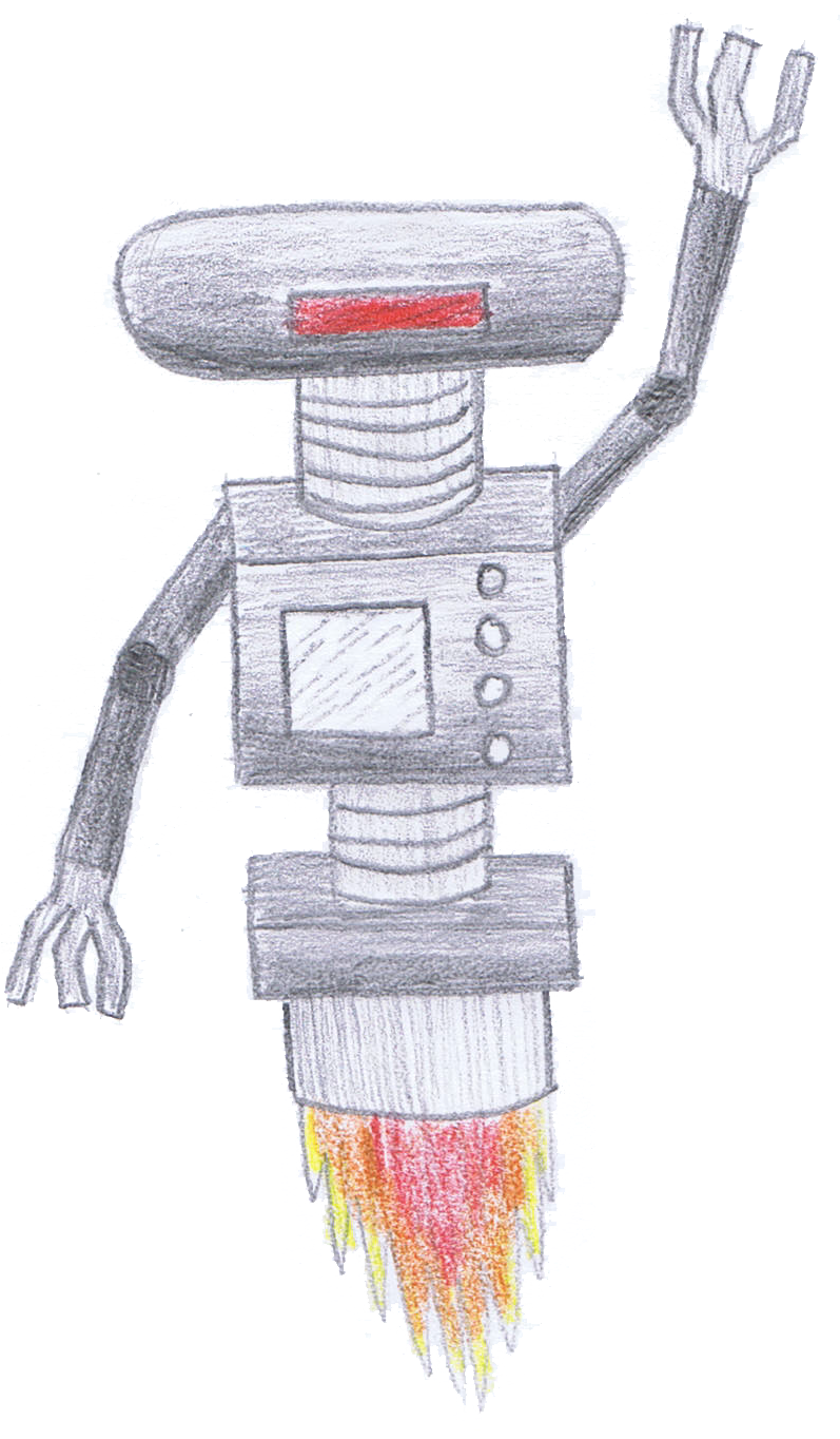 Robot with boxy body, extending arm, and flames.