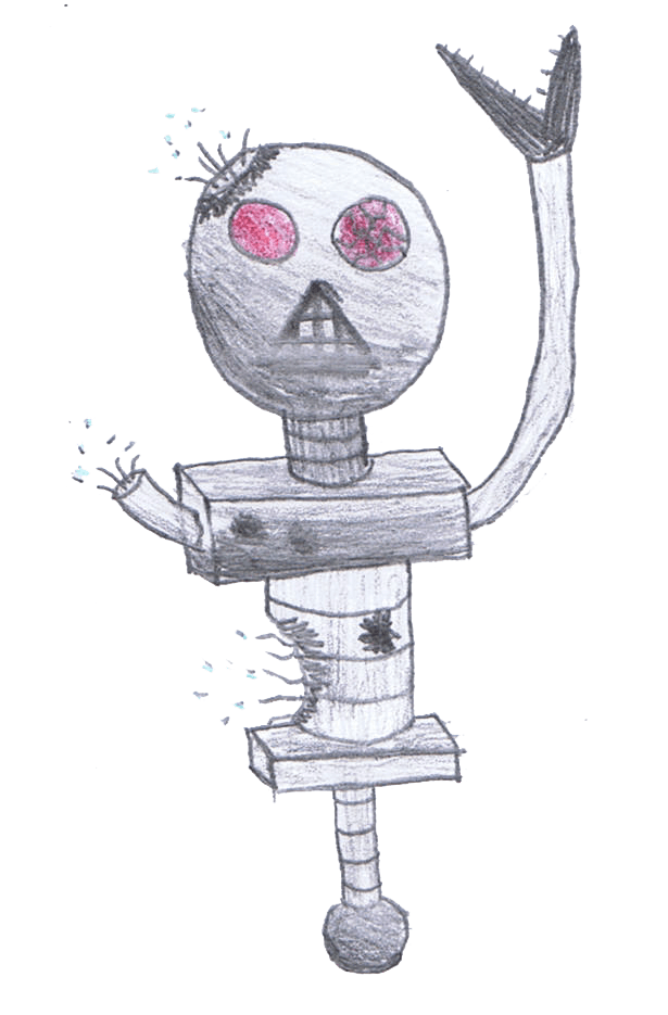 Robot with a skull-shaped head, red eyes, and a long, spiky arm raised. Its body is made of gray blocks.