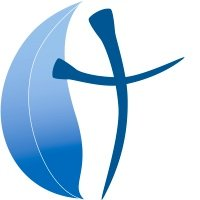 Blue stylized cross with curved arms, partially overlapping a blue, leaf-like shape.