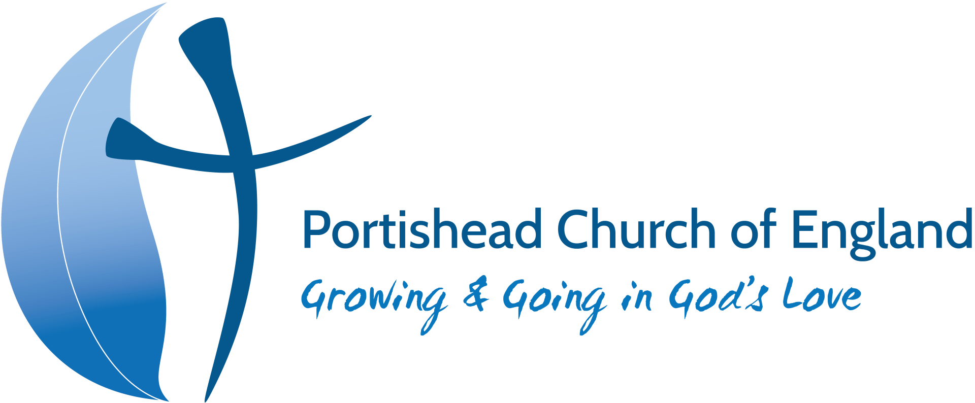 Logo for Portishead Church of England: stylized cross within a blue leaf shape; text below reads