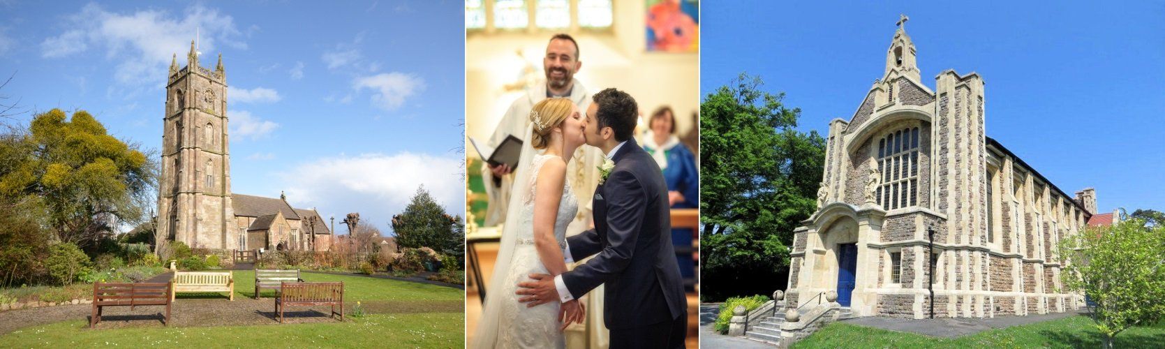 A wedding ceremony in a church, with a tower and a couple kissing.