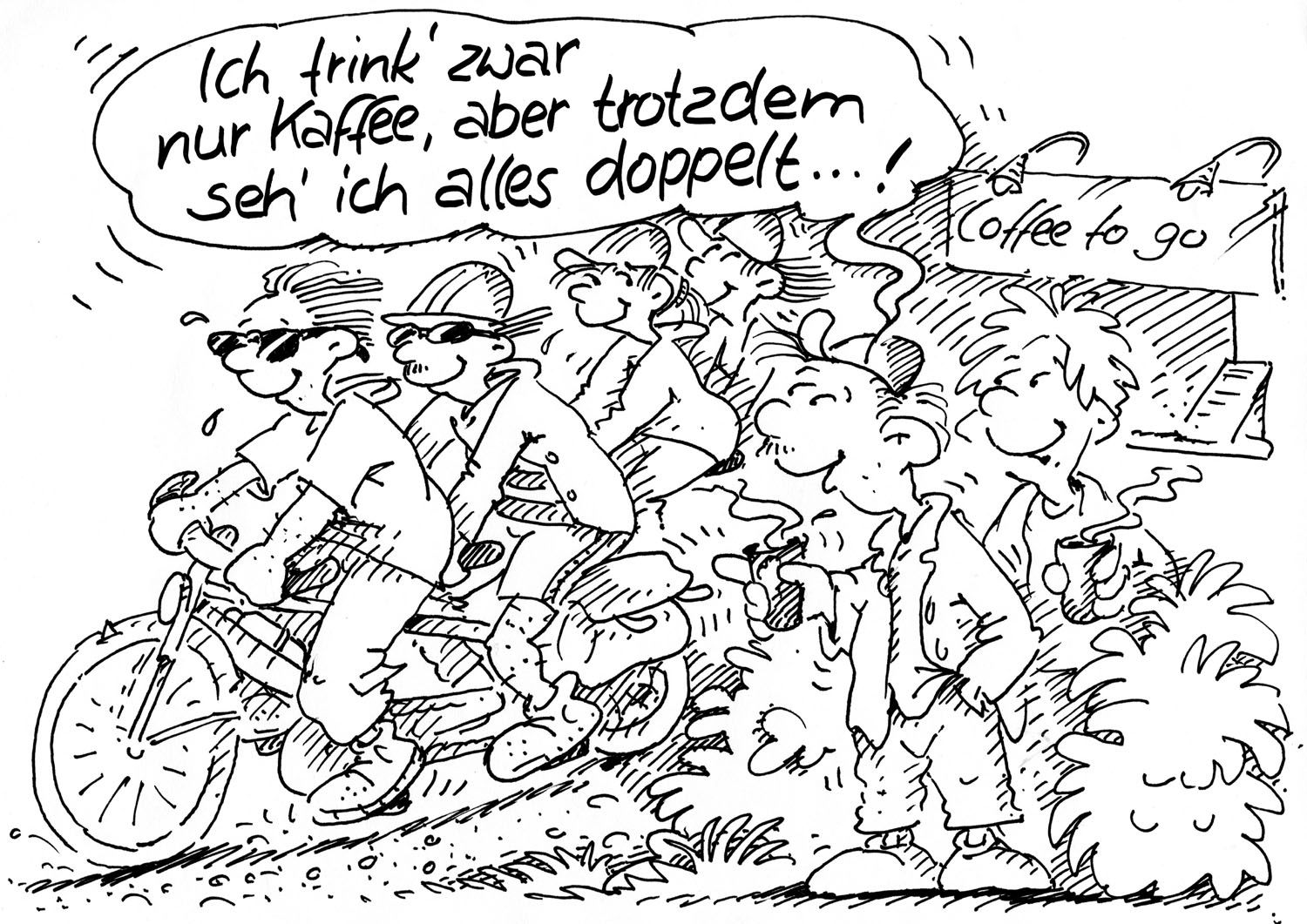 Cartoon. Ein Ehepaar steht beim Kaffee To Go, zwei Tandems fahren vorbei. Sagt der Herr: