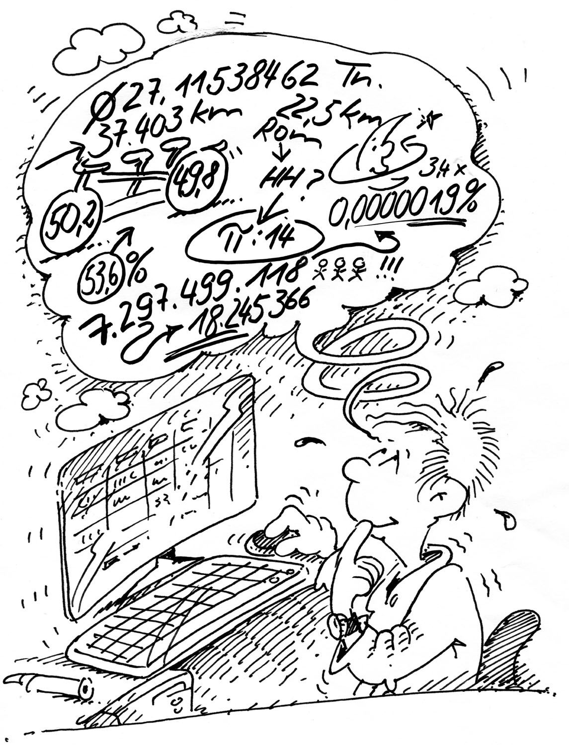 Cartoon. Jan sitzt am Rechner und denkt an sämtliche komplizierte mathematische Formeln.
