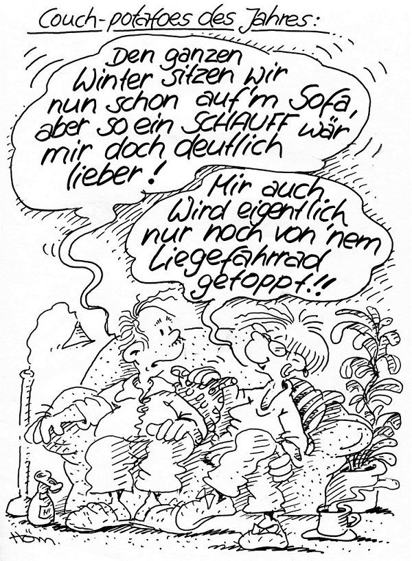 Cartoon. Mann und Frau sitzen auf einem Sofa. Darübersteht: Couch-Potatoes des Jahres: