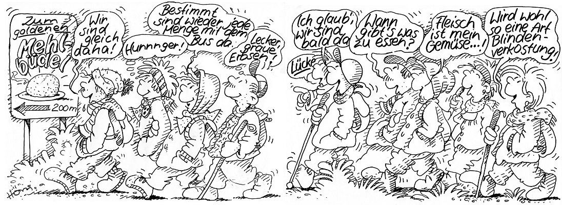 Cartoon von einer Gruppe Wanderer. Vorne ein Schild