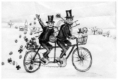 Das Bild zeigt zwei Schornsteinfeger auf einem Tandem. Der hintere streut Blümchen aus