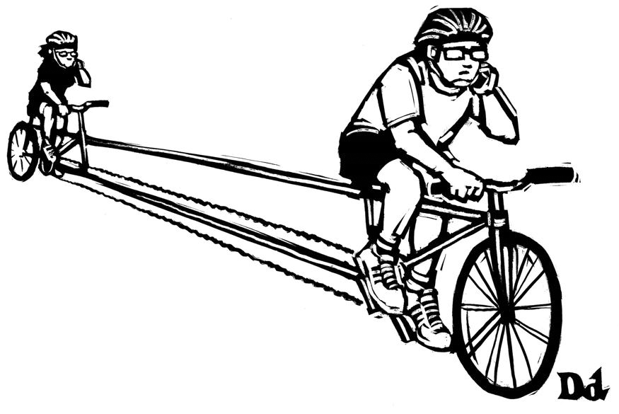 Das Bild zeigt ein Tandem mit zwei Leuten drauf. Allerdings ist das Tandem extrem lange, und kommunizieren die Fahrer über Mobiltelefon miteinander
