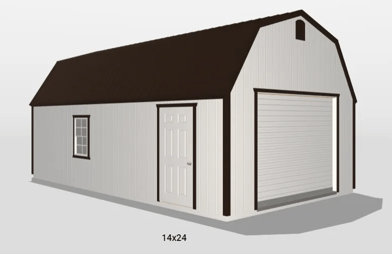 A 3D image of a white barn with a black roof and a garage door