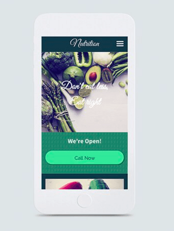 Smartphone showing a nutrition website with fresh produce and a green “We’re Open! Call Now” button