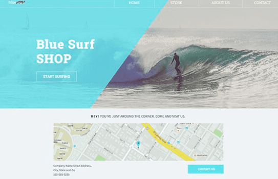 Blue Surf Shop homepage with surfer hero image and map location section
