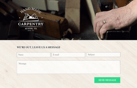 Carpentry website contact form with “We’re open, leave us a message” over a workshop background