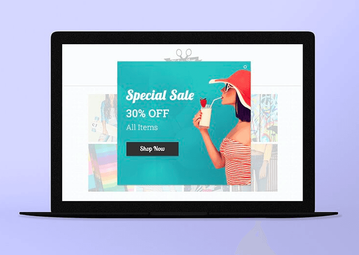 Laptop displaying a summer sale ad with a woman and text “Special Sale 30% OFF All item”