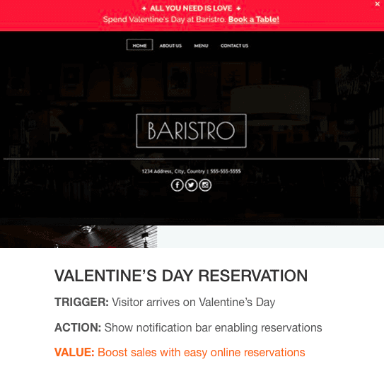 Baristro website screenshot with Valentine’s Day reservation promo and callout text below