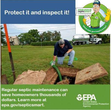 Man inspecting a septic system. A green hose is inserted into an open ground access. EPA logo 