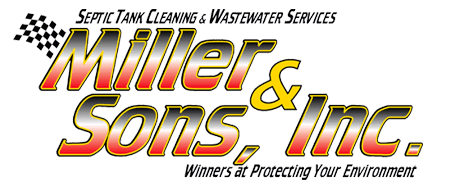 Logo for Miller & Sons, Inc., septic tank cleaning and wastewater services. Text in red, gold, and black. Checkered flag.