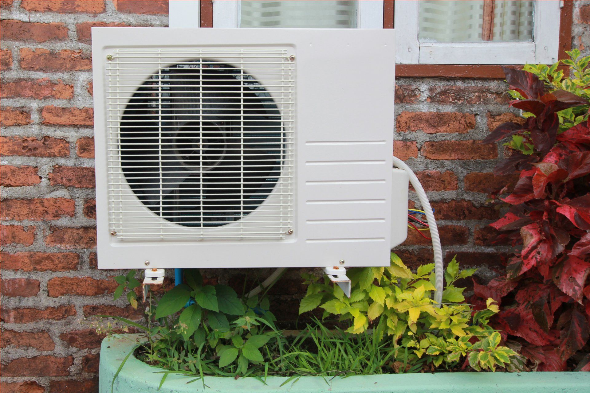 External unit of heat pump in back yard