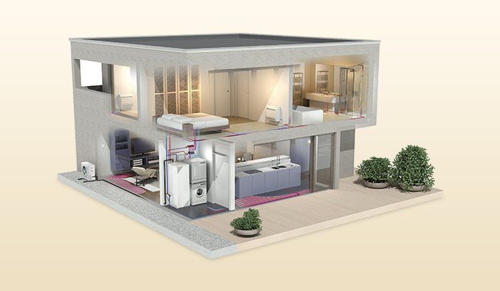 Hot water heating system linked to heat pump system in residential home